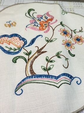 HOME MADE Embroidered Floral Linen Table Cover in White with Multicolor Blooms